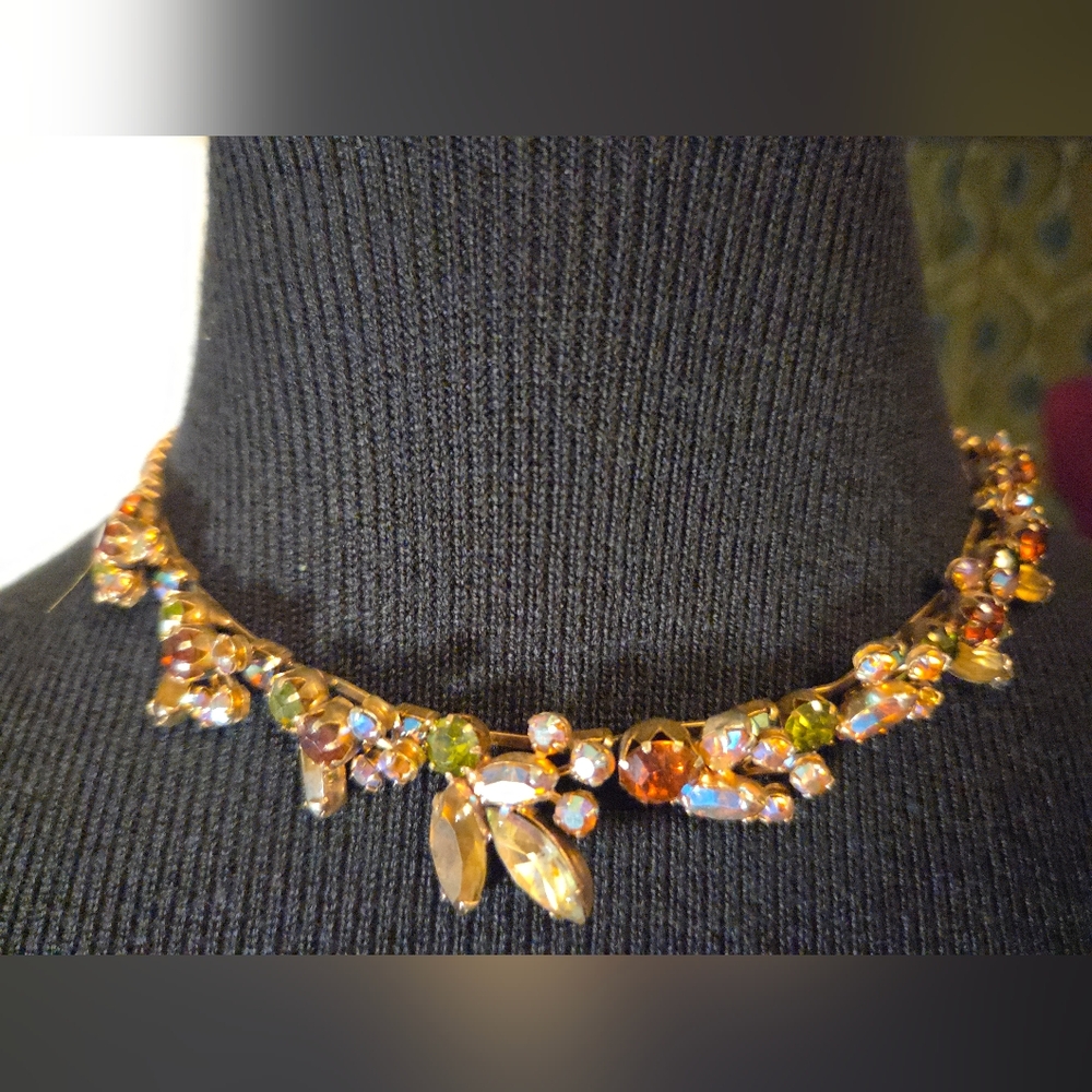 Antique Multicolor Rhinestone Necklace – Statement Jewel Tones, Hook Clasp